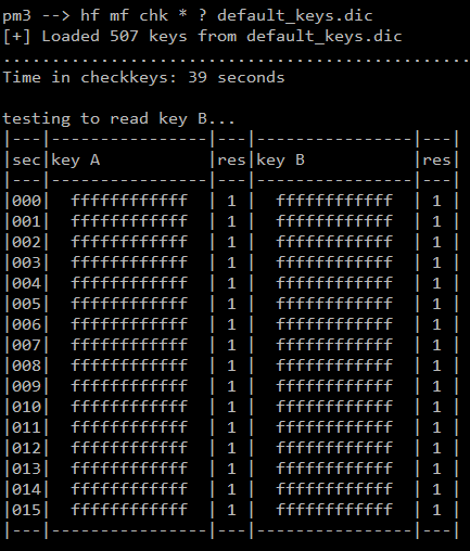 Terminal output showing the attack output, with all keys showing as FFFFFFFF