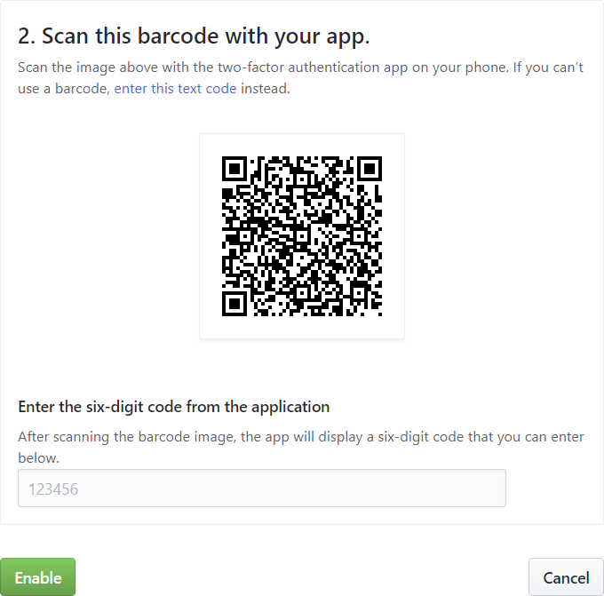 Screenshot of GitHub showing a QR code and general TOTP setup