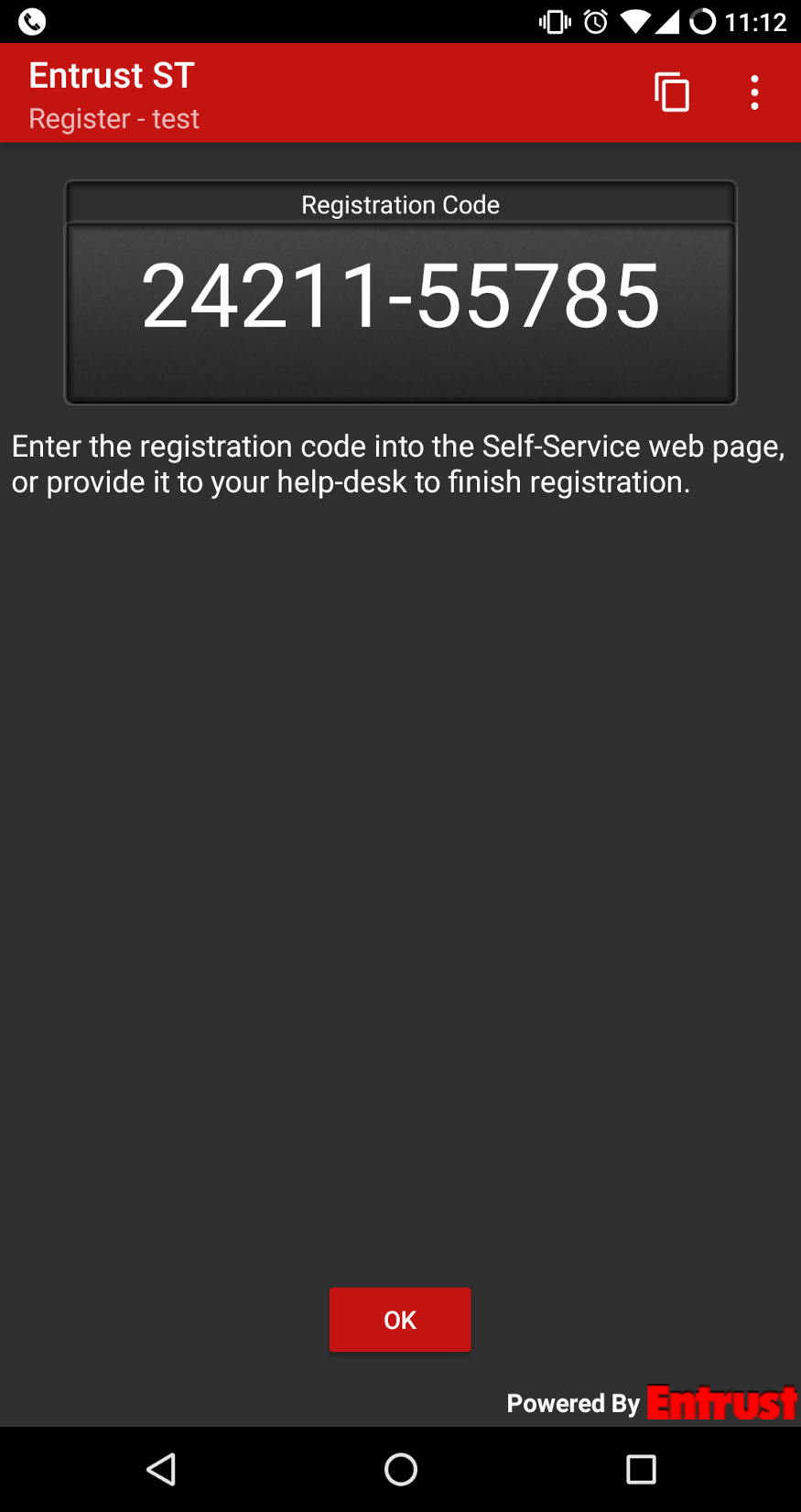 Screenshot of Entrust mobile application showing a Registation Code