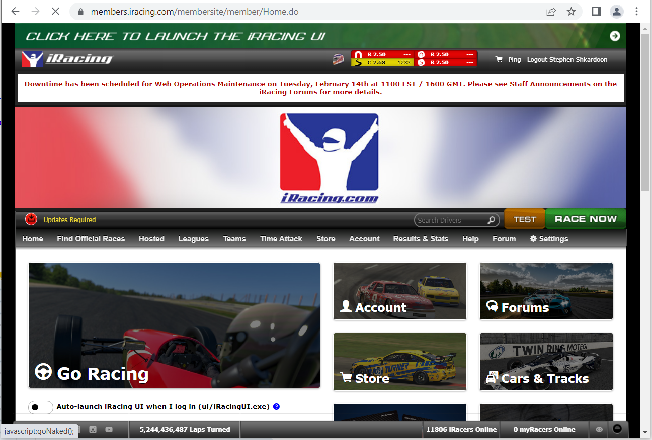 Screenshot showing the iRacing Member website. Of not is some text indicating "Updates Required" and a large button to "Go Racing"