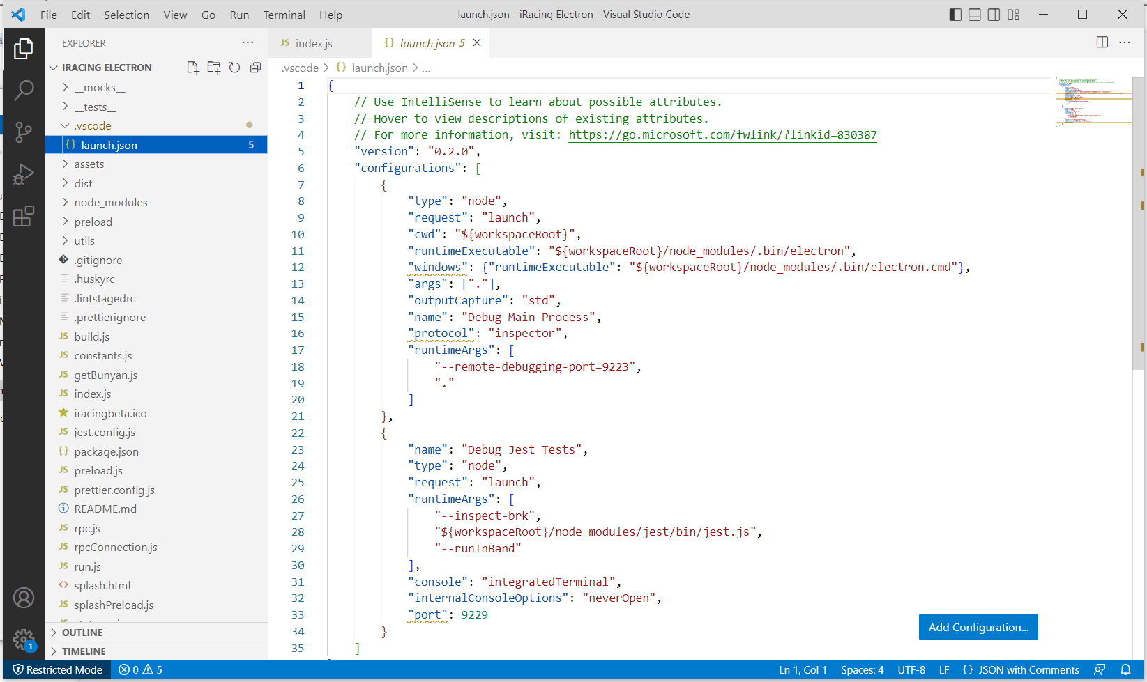Screenshot of Visual Studio Code showing the file .vscode/launch.json open
